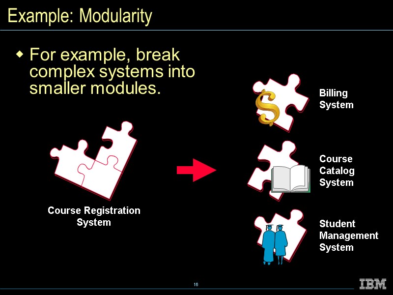 Example: Modularity For example, break complex systems into smaller modules.